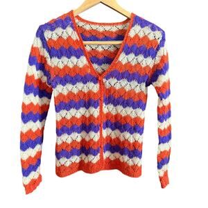Vintage Hand Knit Orange, Cream, Purple Mohair Open Knit Cardigan Size Small